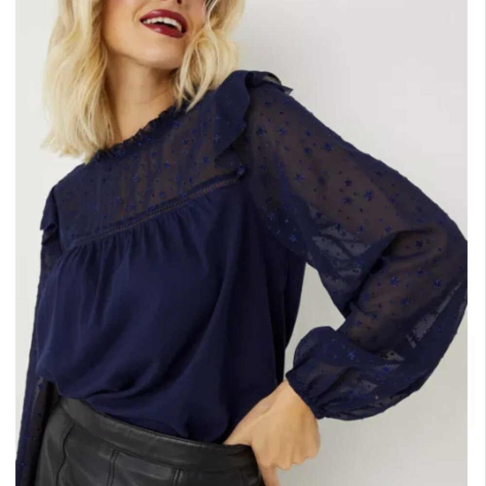 Fat Face size 8 Navy Swiss Dot Ruffle Chiffon Puff Sleeve Elegant Blouse‎